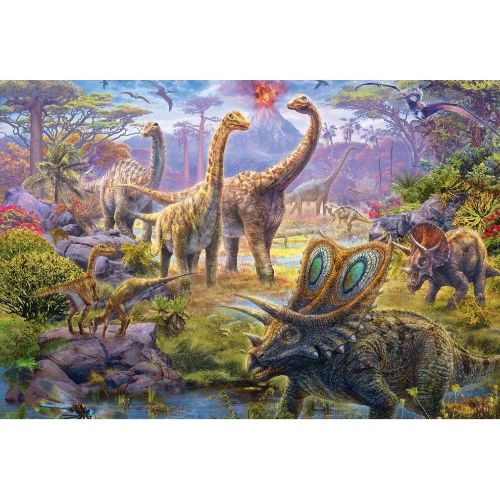 Puzzle-Box Dinos. Scatola turchese con manico e motivi di dinosauri. Marchio Schmidt Spiele.