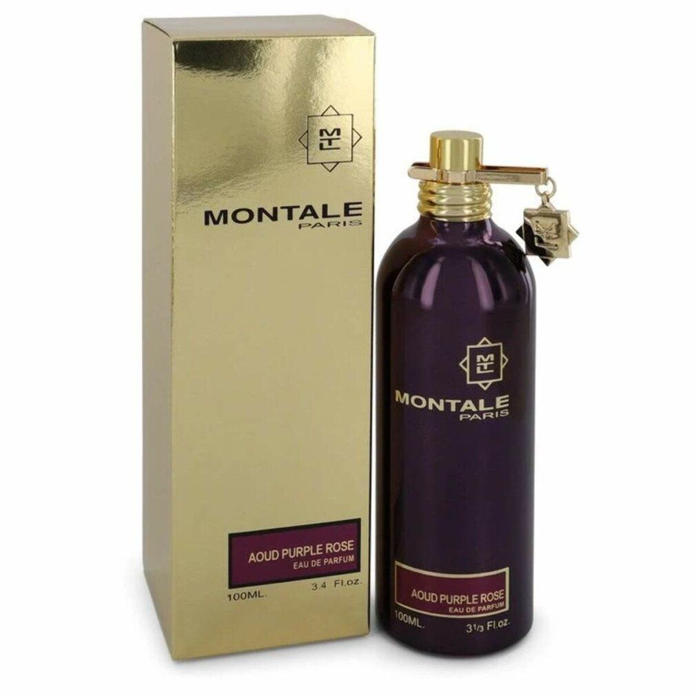 Flacone viola e scatola dorata. Scritta: MONTALE PARIS, AOUD PURPLE ROSE, Eau de Parfum. Tappo dorato con ciondolo.