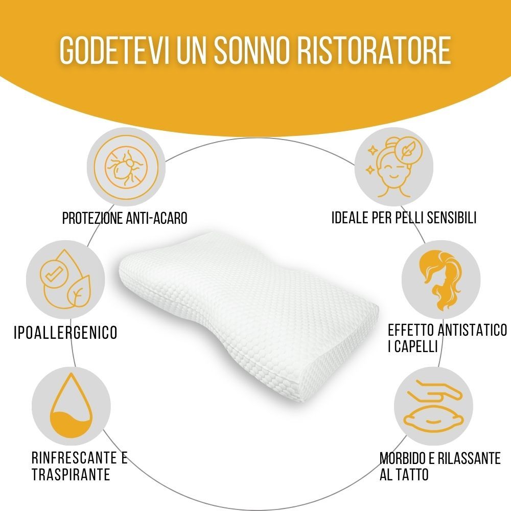 Cuscino ergonomico. Ipoallergenico. Anti-acaro. Per pelli sensibili. Cuscino bianco.