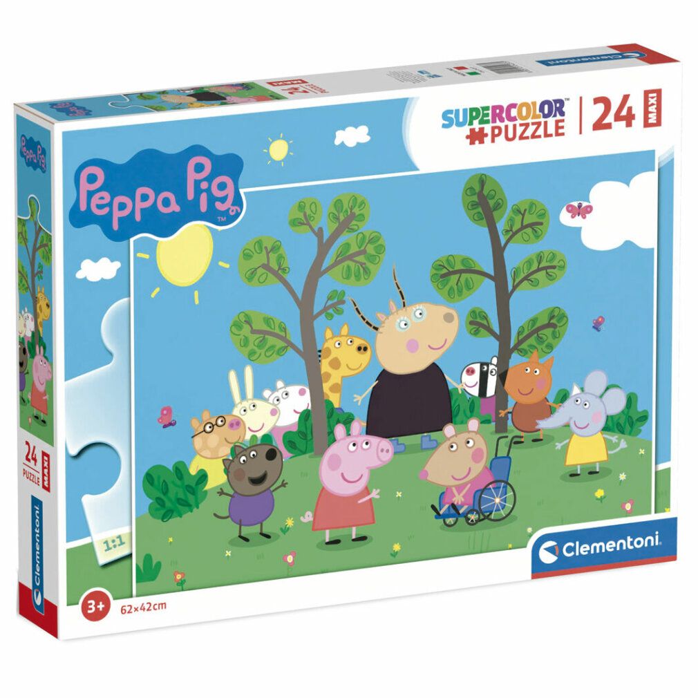 Puzzle Clementoni, 24 pezzi, motivo Peppa Pig. La confezione mostra il motivo del puzzle. Scritta: Supercolor Puzzle, Peppa Pig, 62x42cm.