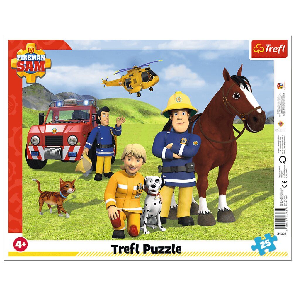 Puzzle con tema Fireman Sam, 25 pezzi. Per bambini dai 4 anni in su. Logo Trefl. Immagine di pompieri, animali e veicoli.