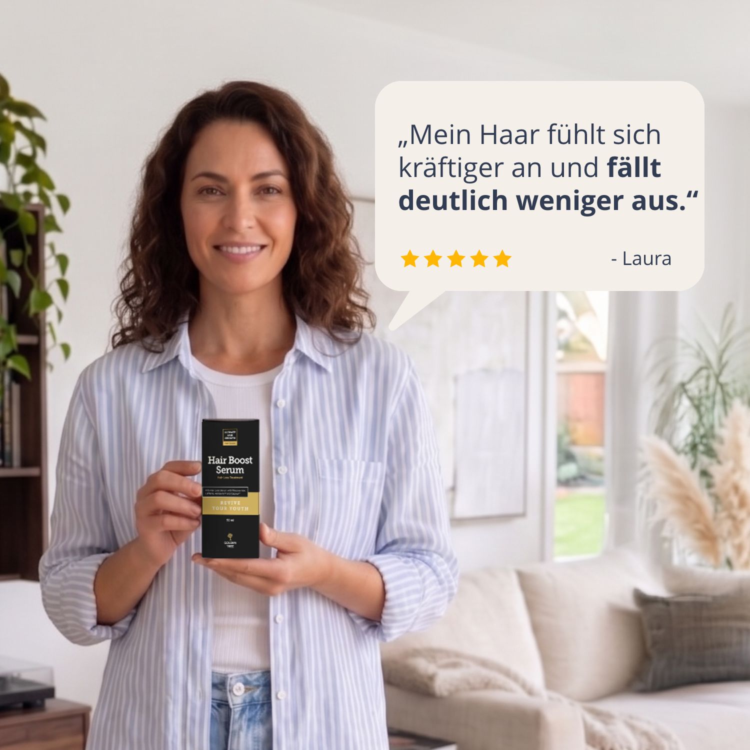 Donna tiene in mano il Golden Tree Hair Boost Serum; citazione: 'I miei capelli sembrano più forti'.