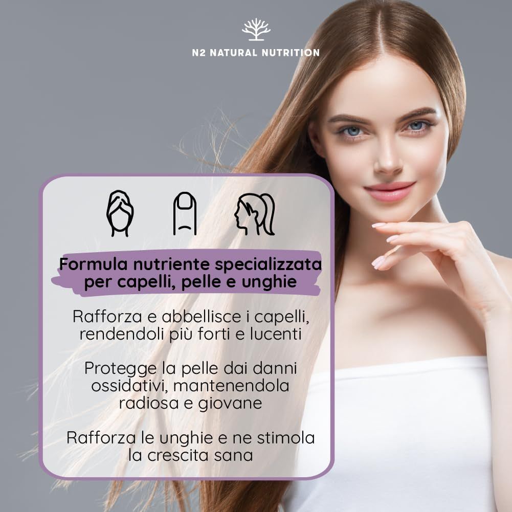 Testo su capelli, pelle e unghie. Icone e testo sulla cura.