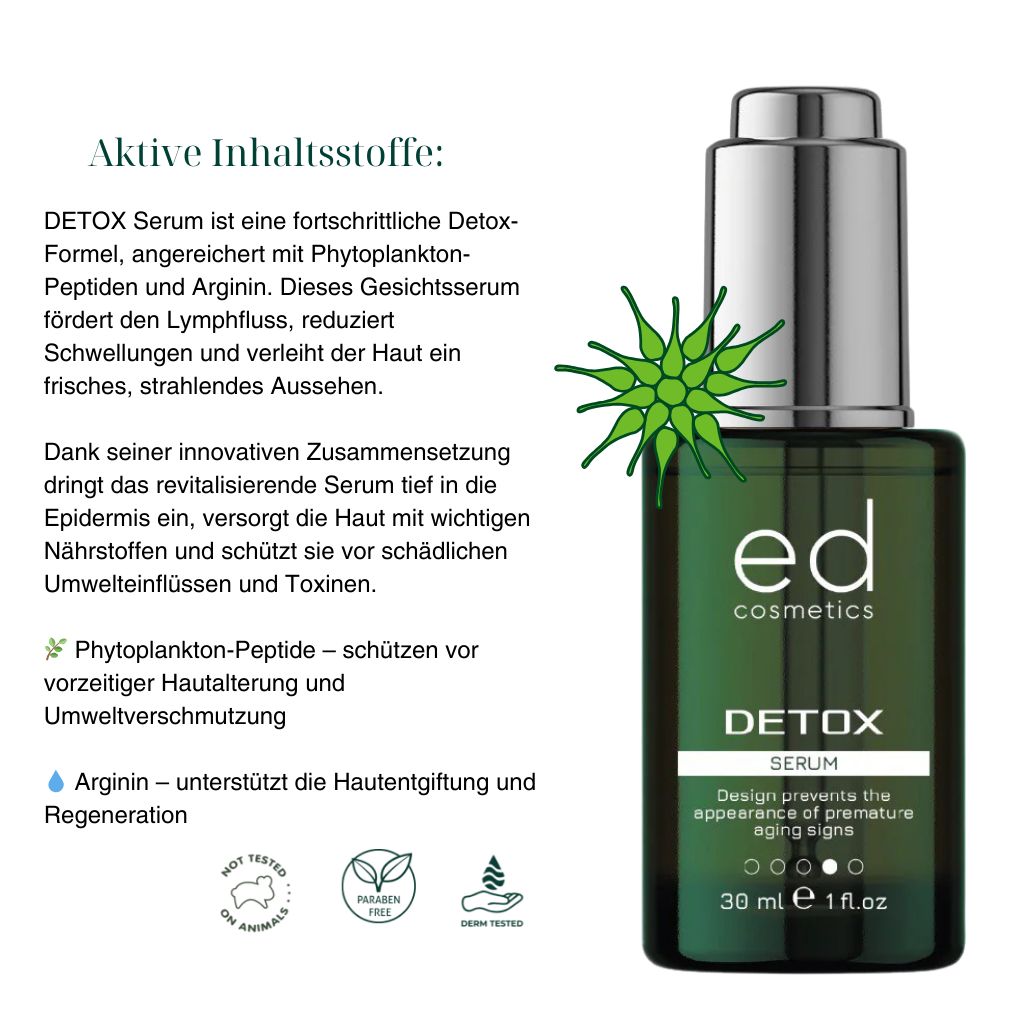 Flacone di vetro verde con tappo argentato. Scritta: ed cosmetics, Detox Serum. Testo e illustrazione verde.