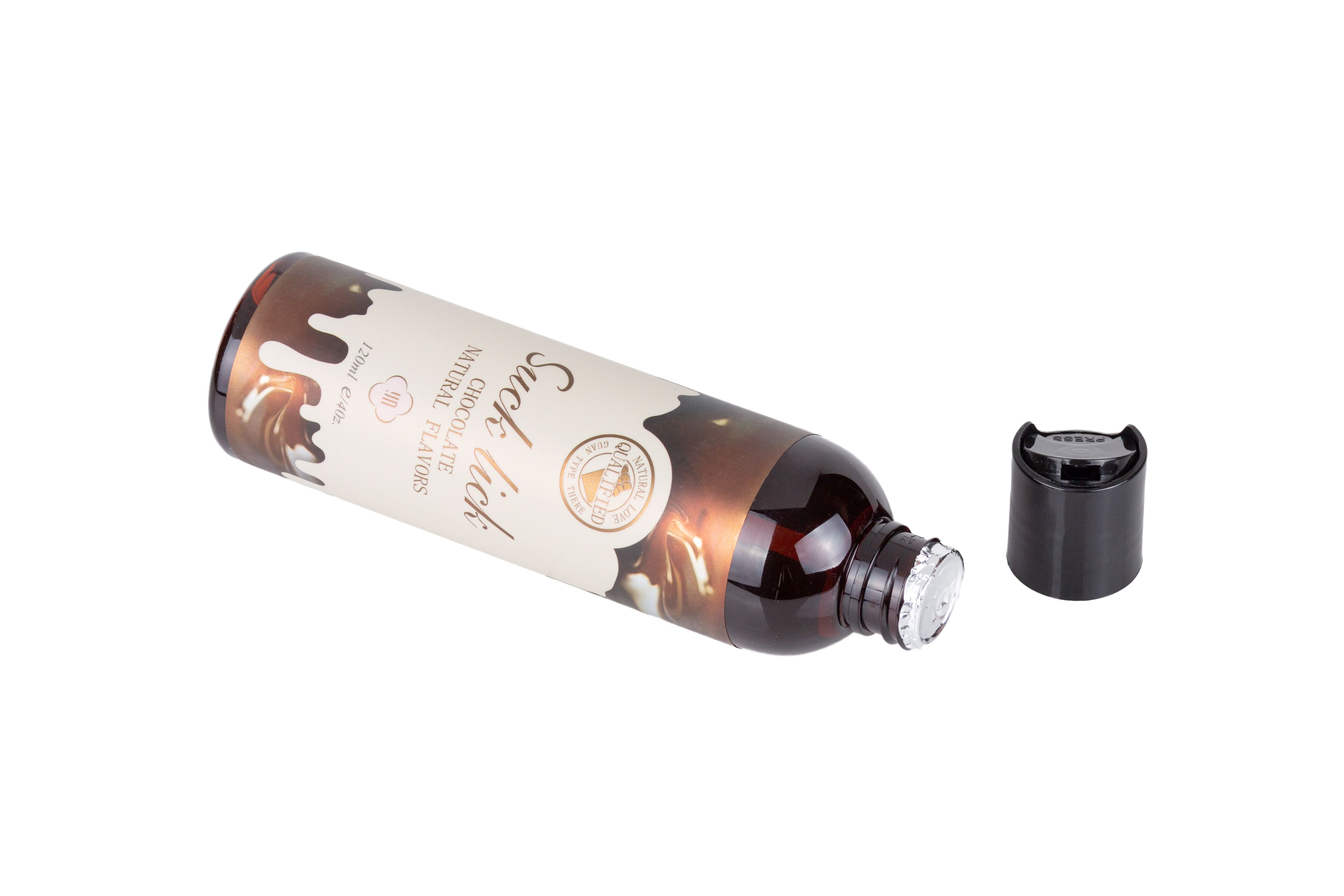 Flacone marrone con tappo nero. Scritta: "Suck lick", "Chocolate Natural Flavors". Tappo accanto.