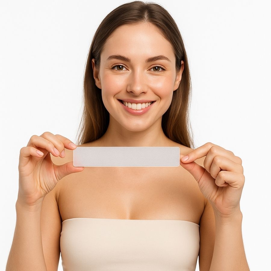 Donna che tiene tra le dita un cerotto in silicone trasparente rettangolare. Sorride alla fotocamera.