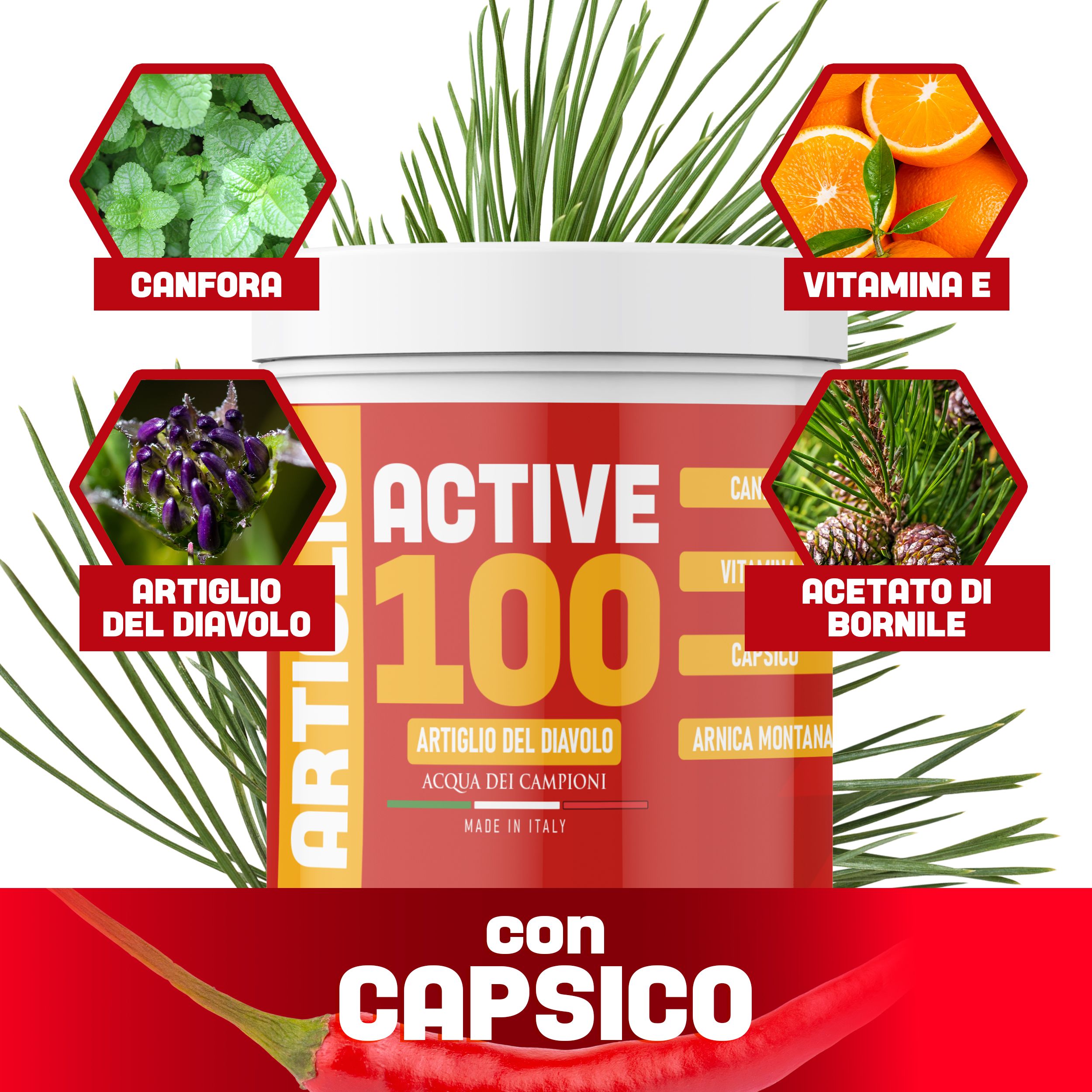 Barattolo con etichetta rossa e gialla. Testo: ACTIVE 100, Artiglio del Diavolo, Made in Italy. Ingredienti illustrati.