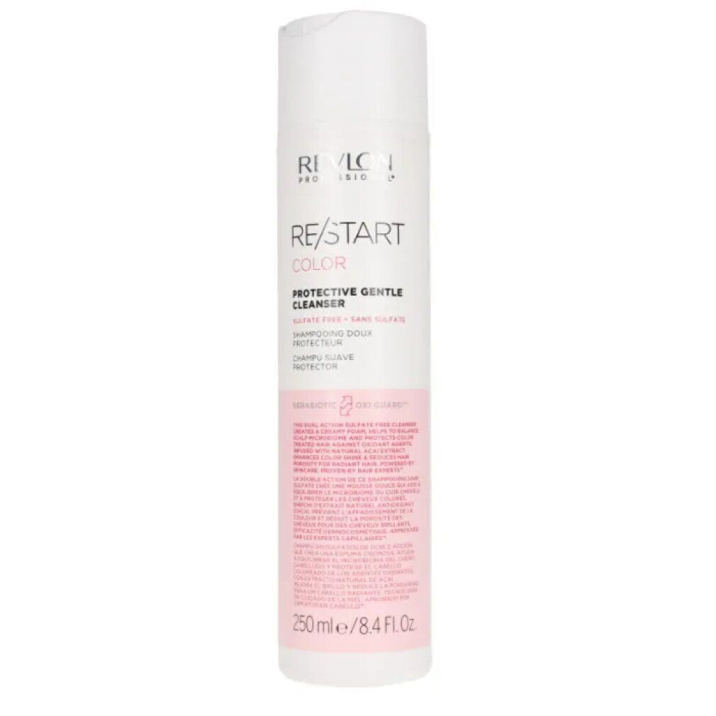 Flacone bianco Revlon Re-Start Color Protective Gentle Cleanser. Etichetta rosa con informazioni. 250ml/8.4 Fl Oz.