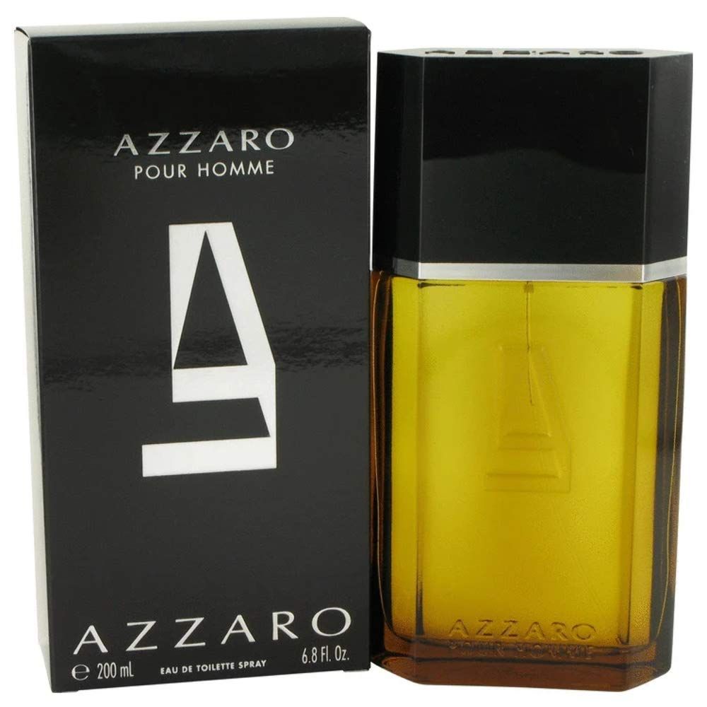 Azzaro Pour Homme Eau de Toilette Spray. Scatola e flacone neri. Flacone con liquido giallo. 200ml.