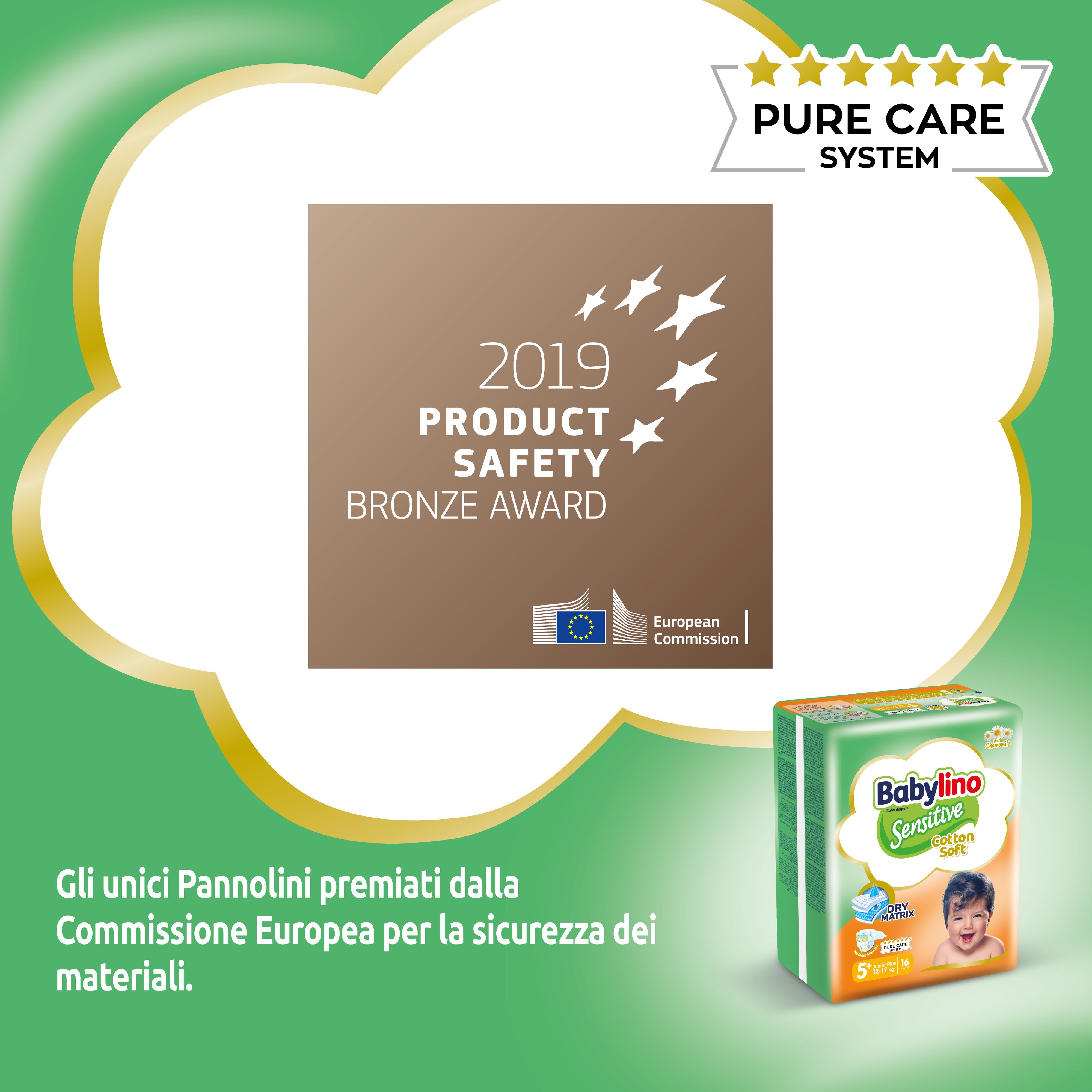 Confezione di pannolini Babylino Sensitive. Premio Bronzo 2019 Product Safety. Confezione di pannolini sullo sfondo.