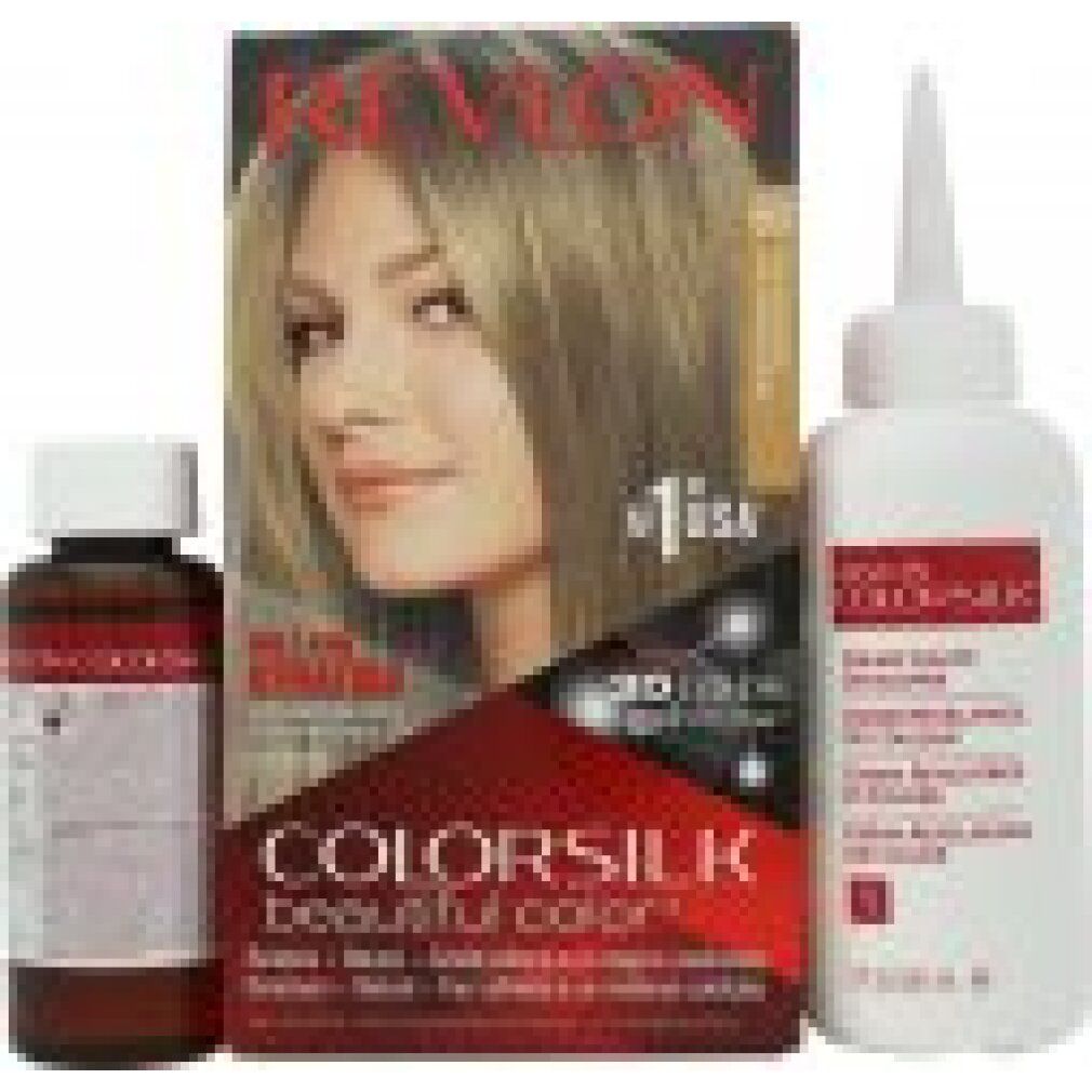Set di tinta per capelli con scatola, flacone e applicatore. Revlon Colorsilk. Donna bionda.