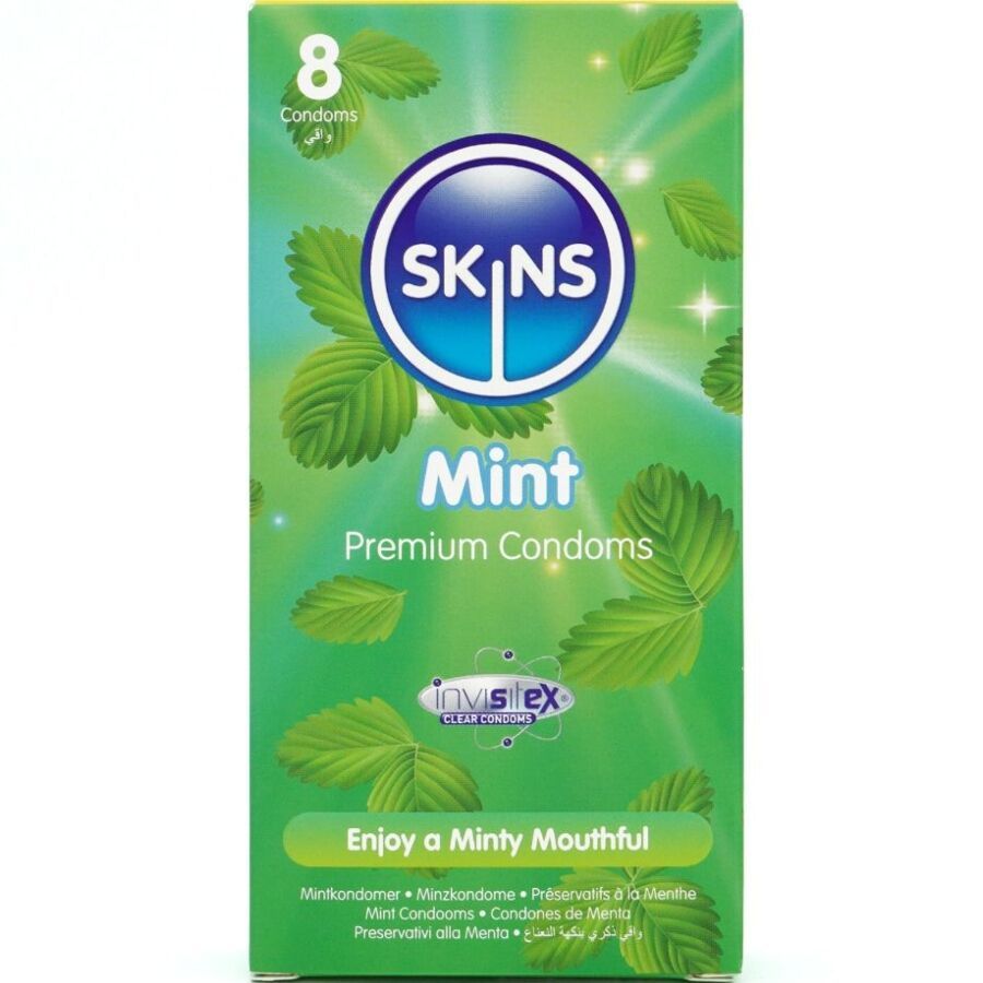 Confezione da 8 preservativi Skins Mint Premium. Scatola verde con foglie e stelle.