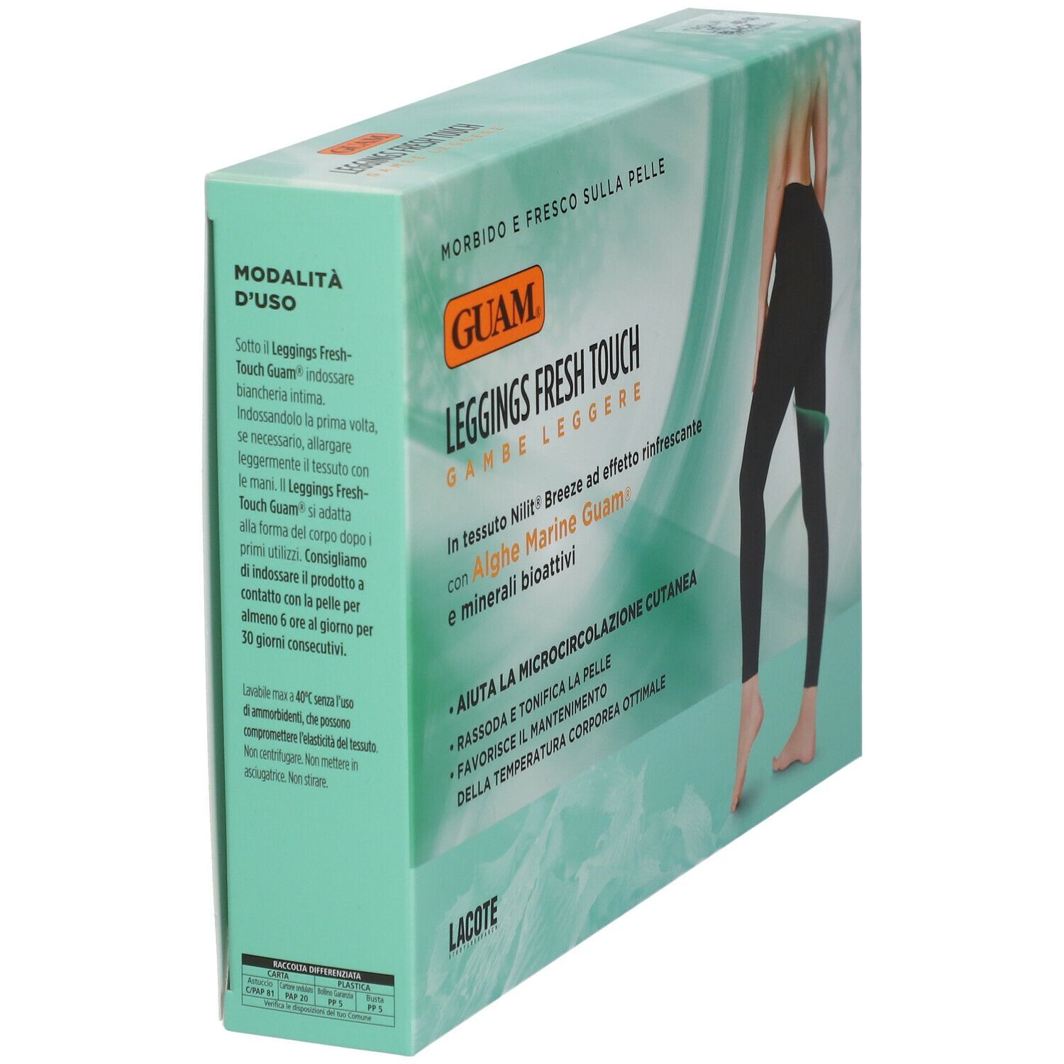 GUAM® Leggings Fresh Touch L/XL in confezione. Leggings neri, vista laterale. Testo: Alghe, microcircolazione.