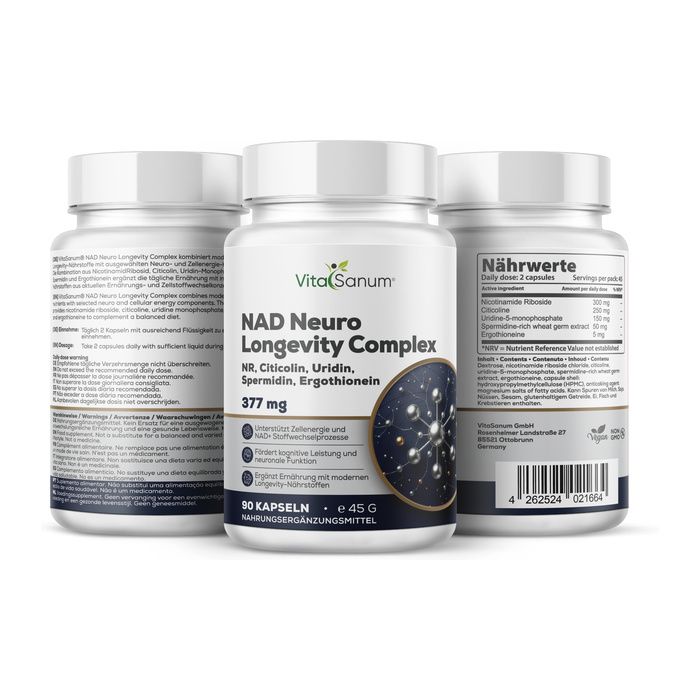 Tre contenitori VitaSanum NAD Neuro Longevity Complex, uno con informazioni nutrizionali.