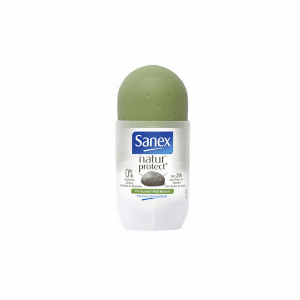 Deodorante roll-on Sanex Natur Protect. Contenitore bianco, tappo verde. Scritta: Sanex natur protect, 0% alluminio.