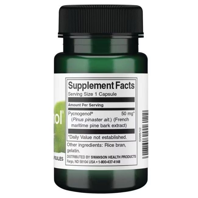Retro del flacone verde. Etichetta "Supplement Facts". Contiene "Pycnogenol" e ingredienti. "SWANSON HEALTH PRODUCTS".