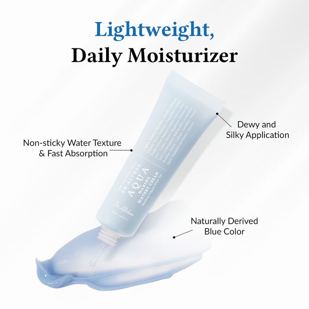 Tubo azzurro chiaro con prodotto. Nome prodotto: Aqua Marine Watery Cream. Testo: Non-sticky Water Texture & Fast Absorption. Marchio: Dr. Althea.