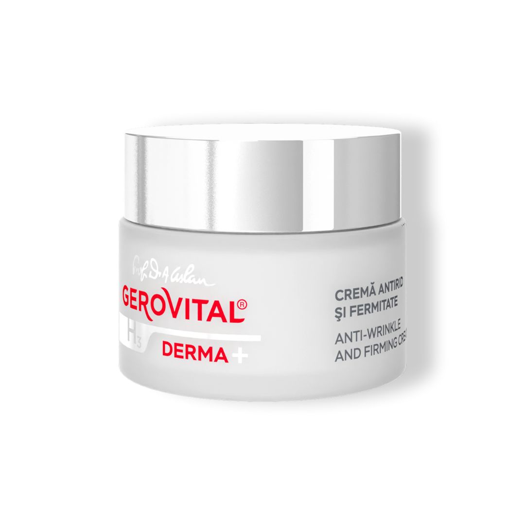 Vasetto di crema con coperchio argentato. Scritta: Gerovital H3 Derma+. Crema antirughe e rassodante.