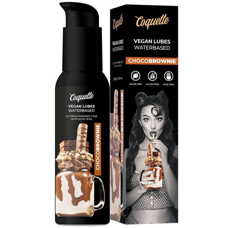 Lubrificante vegano Coquette Choco Brownie a base d'acqua, flacone e confezione con donna e motivo dessert al cioccolato.