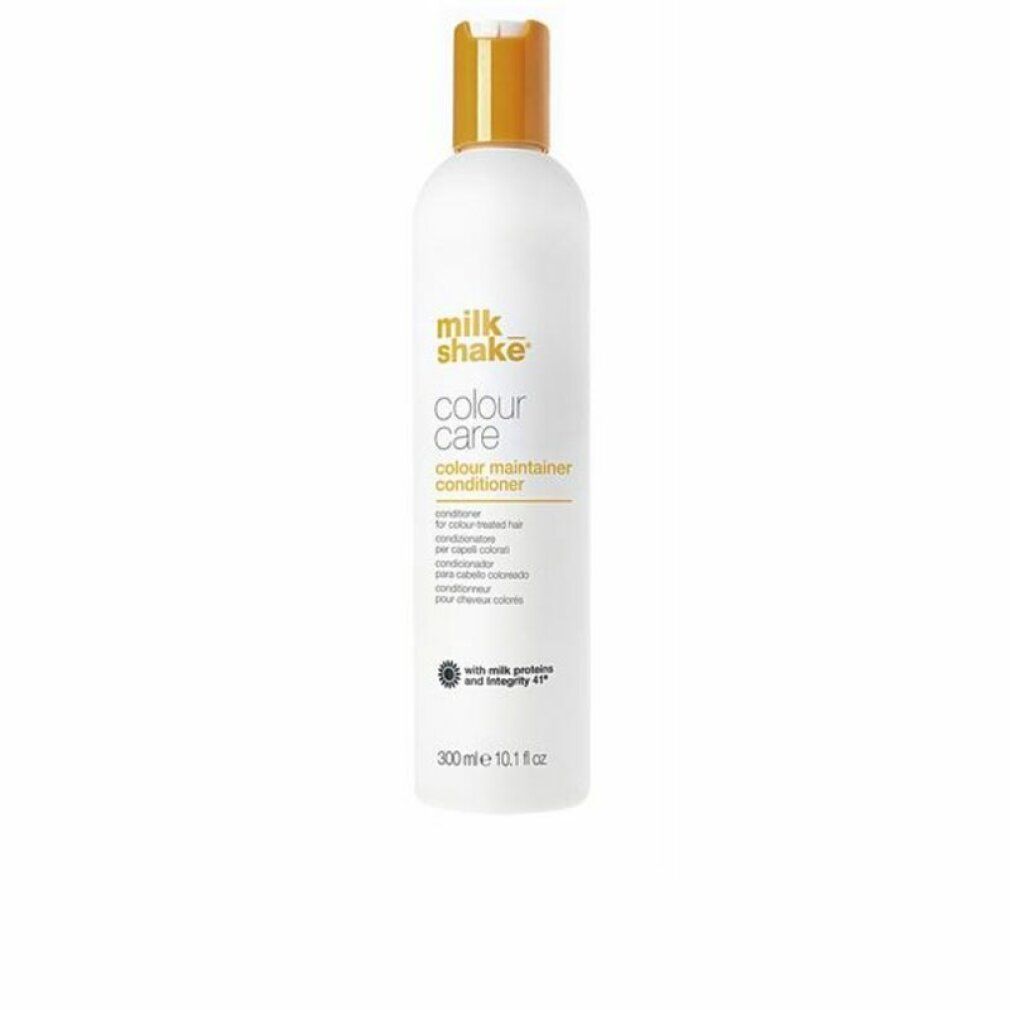 Flacone bianco con tappo giallo. Scritta: milk_shake, colour care, colour maintainer conditioner. 300 ml.