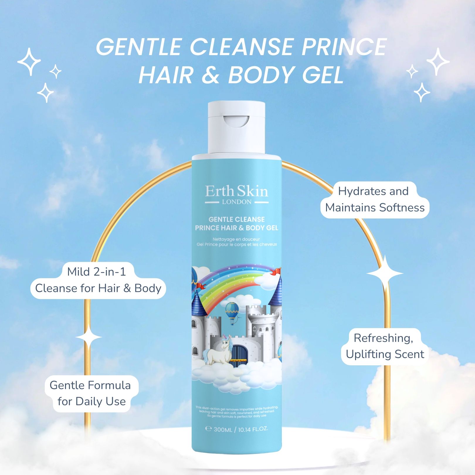 Flacone azzurro con tappo bianco. Scritta: Erth Skin London, Gentle Cleanse Prince Hair & Body Gel. Testo: delicato 2-in-1, formula delicata, profumo rinfrescante.