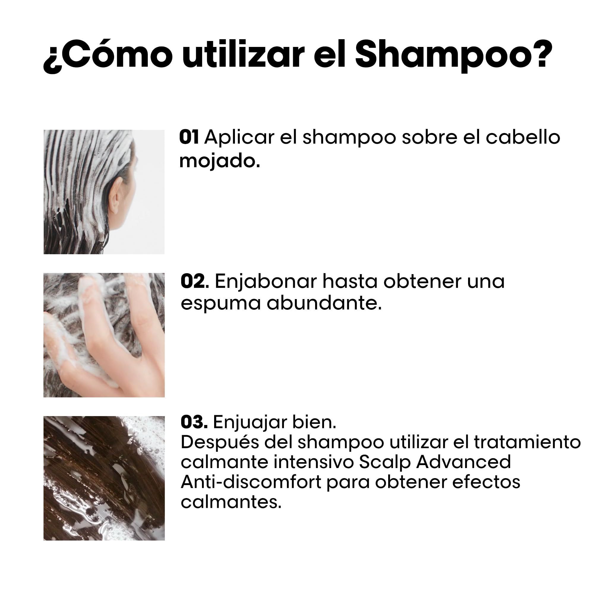 Tre immagini mostrano l'uso dello shampoo. 1. Applicare sui capelli bagnati. 2. Insaponare. 3. Risciacquare.