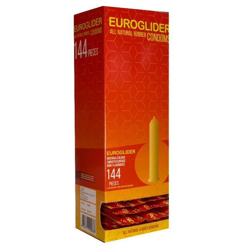 Confezione da 144 preservativi Euroglider, mostra un singolo preservativo e confezioni accessibili.