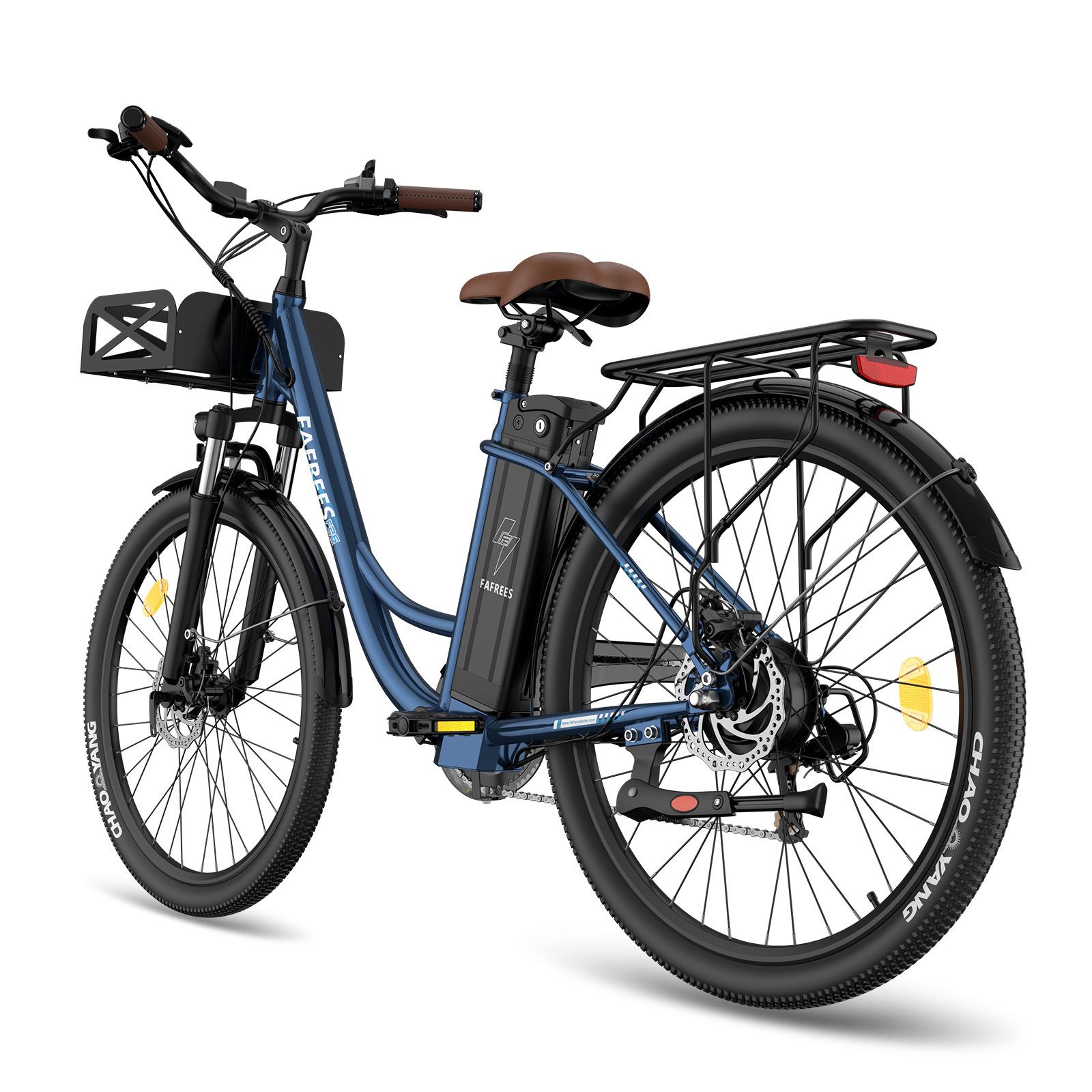 E-bike blu con sella marrone, portapacchi e cestino. Marchio FAFREES.