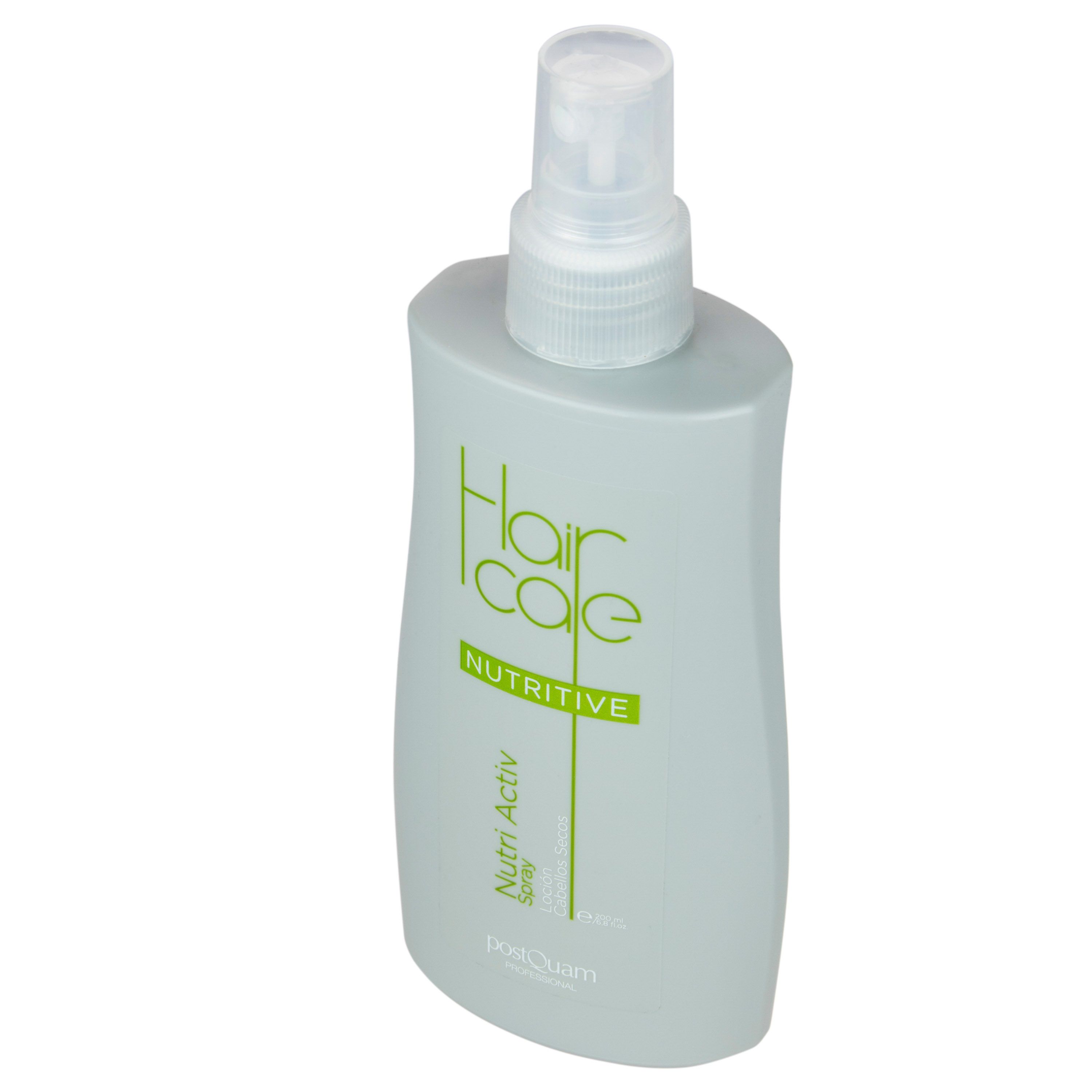 Flacone spray grigio con erogatore bianco. Scritta: Hair Care Nutritive Spray, Postquam.