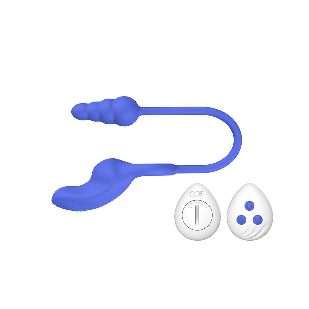 Vibratore anale blu con estremità scanalata e forma curva. Include telecomando a tre pulsanti.