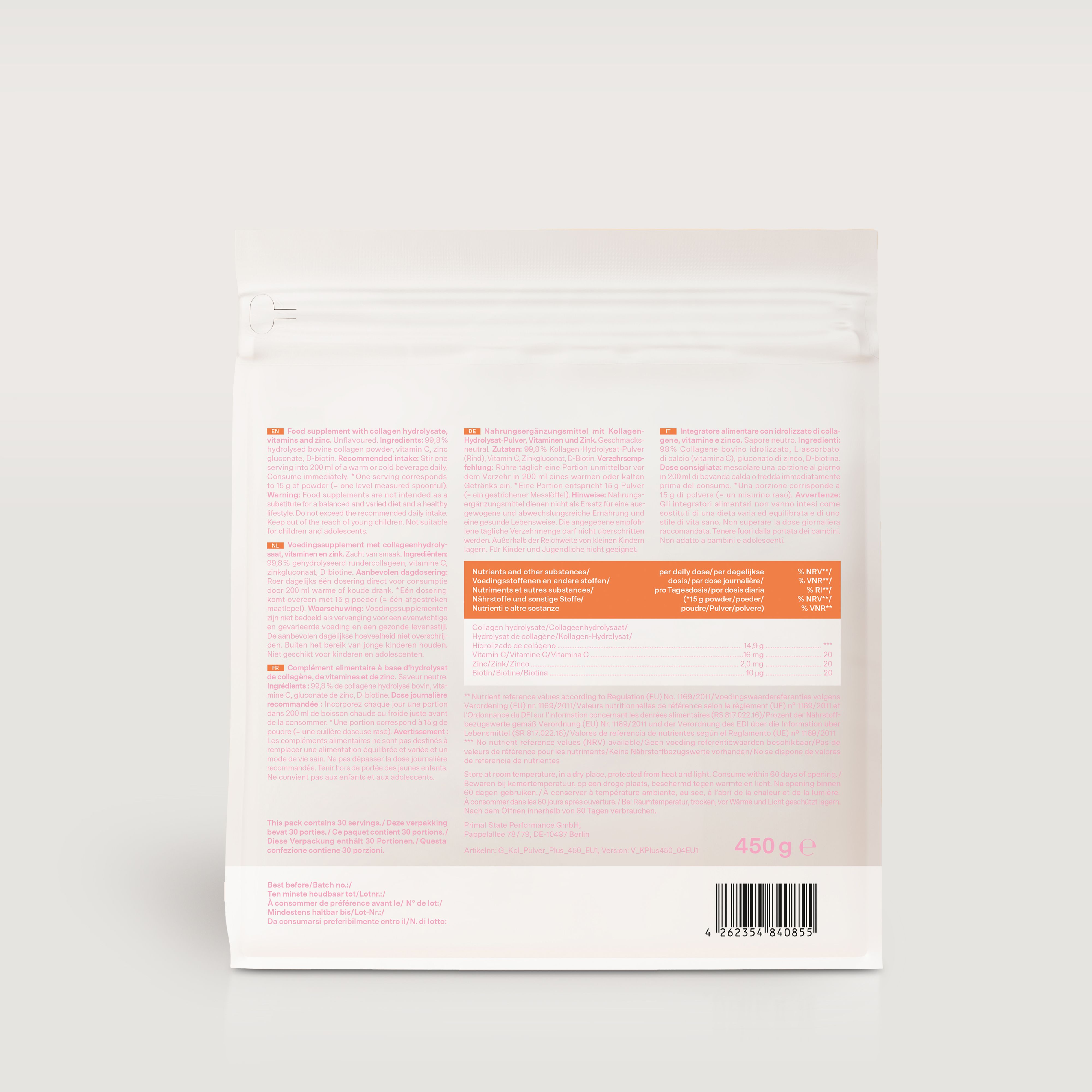 Confezione bianca con stampa rosa. Contiene Collagen plus, vitamina C, zinco e biotina. 450g.