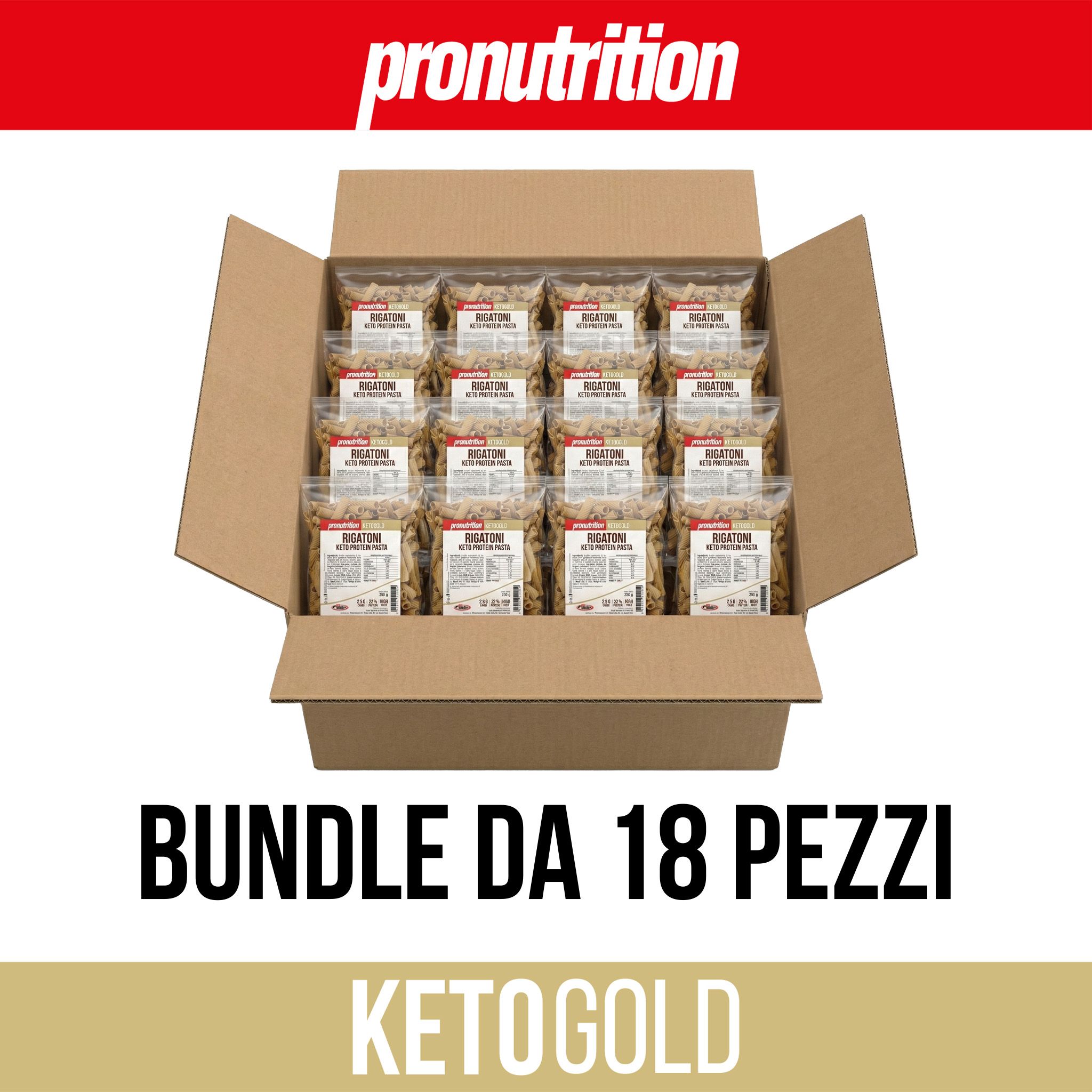 Scatola con 18 confezioni di pasta Rigatoni. Marchio Pronutrition. Scritta: Bundle da 18 pezzi. Sotto: Ketogold.