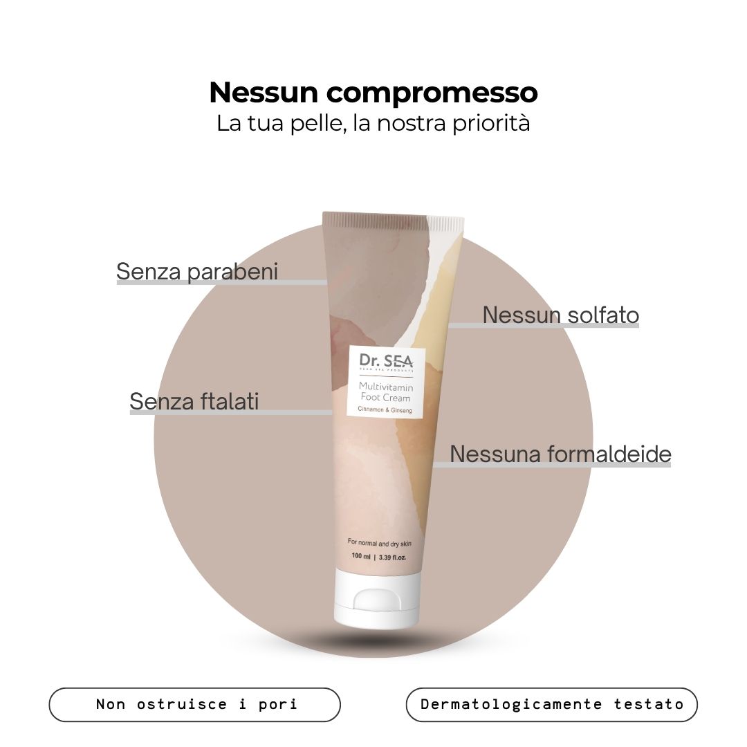Tubo di crema "Dr. SEA Multivitamin Foot Cream". Testo: Senza parabeni, ftalati, solfati, formaldeide. Dermatologicamente testato.