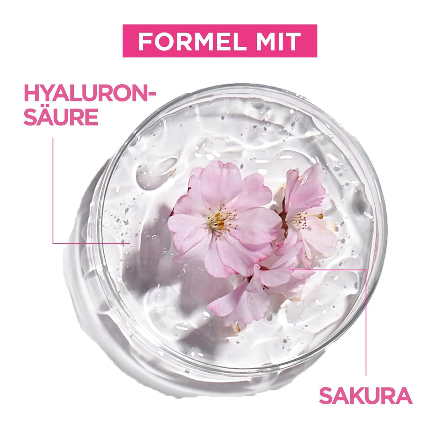 Ciotola con acido ialuronico e fiori di Sakura. Testo: Formula con acido ialuronico e Sakura.