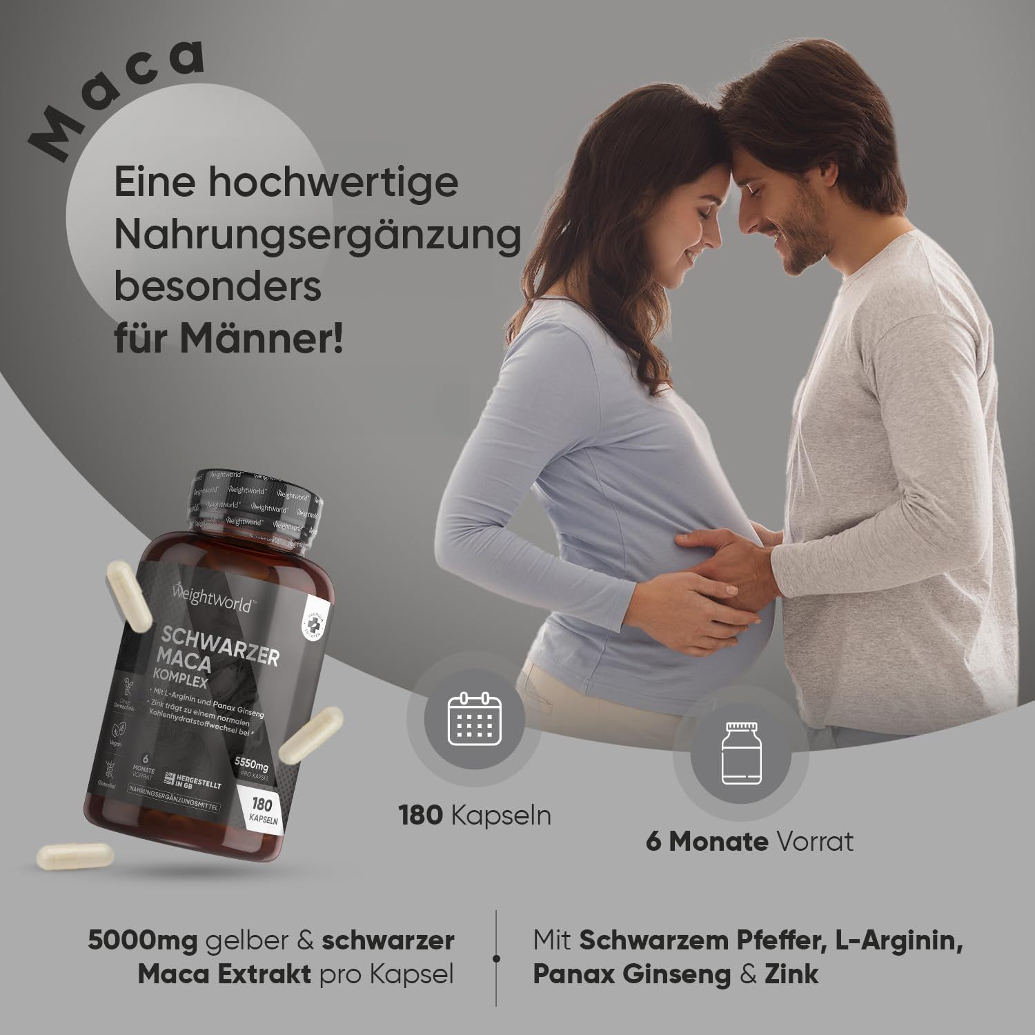 Flacone con persone sullo sfondo. Scritta: WeightWorld Schwarzer Maca Komplex, 180 capsule. Testo: Integratore alimentare per uomini.