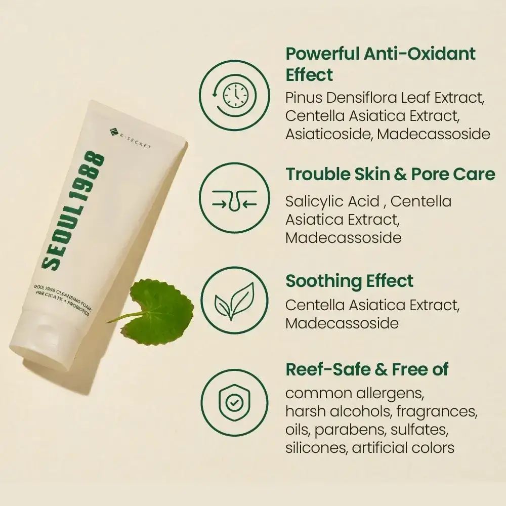 Informazioni sul prodotto con icone. Antiossidante, cura della pelle, effetto lenitivo. Sicuro per le barriere coralline e senza allergeni.