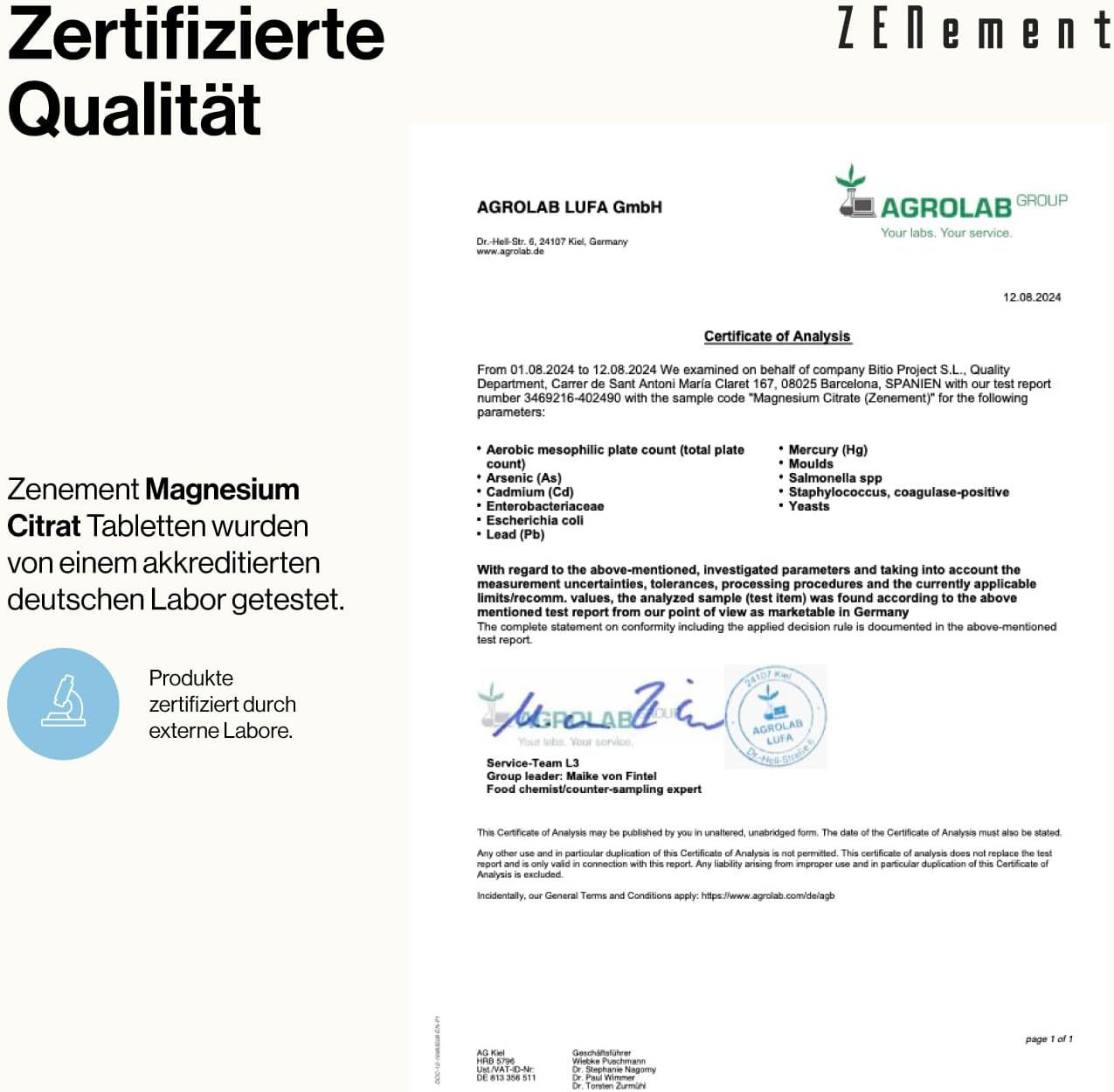Documento di certificazione di AGROLAB LUFA GmbH. Testo: Le compresse di citrato di magnesio Zenement sono state testate da un laboratorio tedesco accreditato.