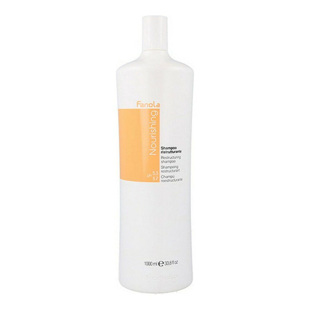 Flacone bianco con etichetta arancione. Testo: Fanola, Nourishing, Shampoo ristrutturante. 1000 ml.