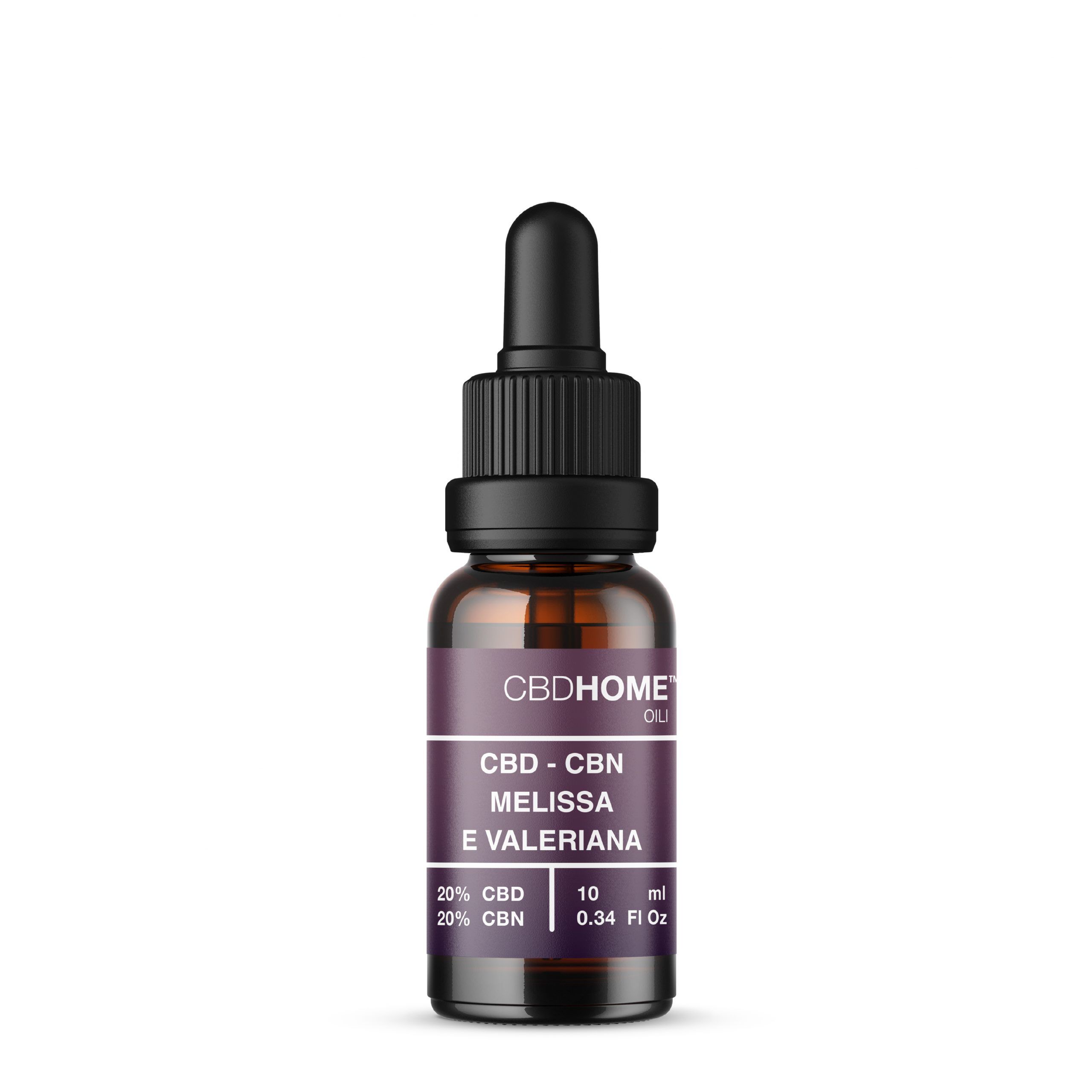 Flacone di olio CBD HOME con contagocce. Vetro marrone scuro con etichetta che indica 20% CBD e 20% CBN.