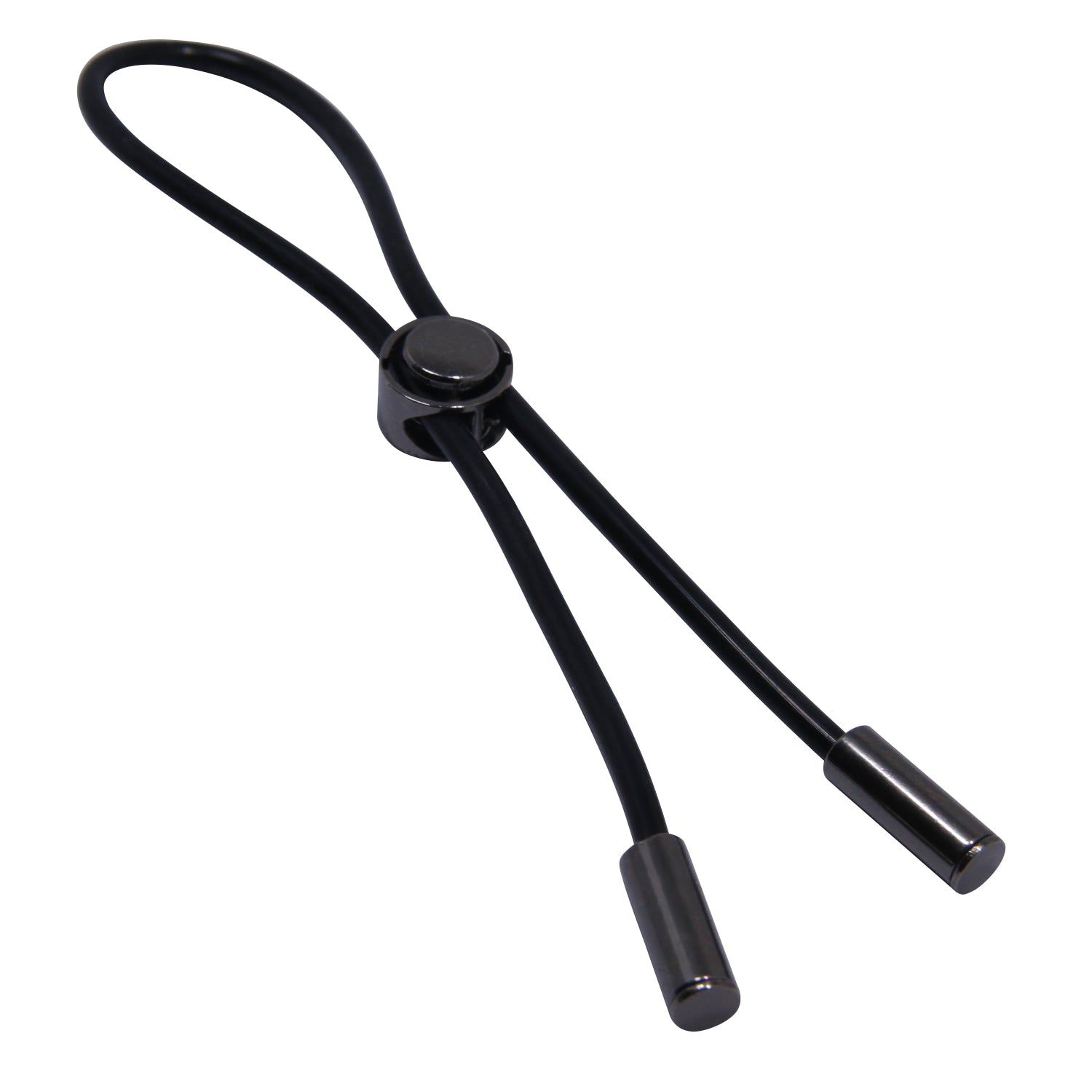 Anello nero con anello regolabile e due estremità. Un bottone al centro.