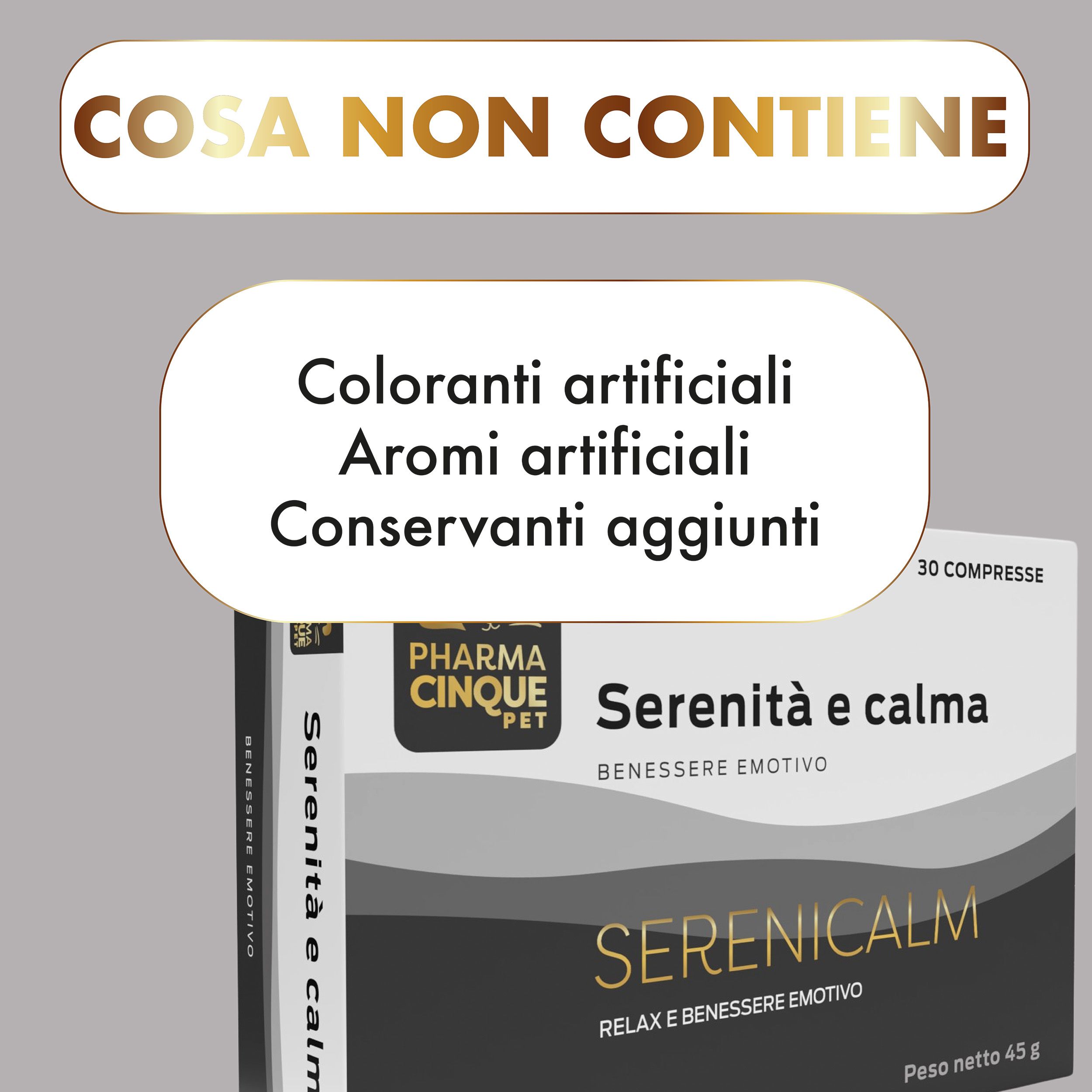 Confezione SERENICALM. Testo: 'Cosa non contiene': 'Coloranti artificiali', 'Aromi artificiali', 'Conservanti aggiunti'.
