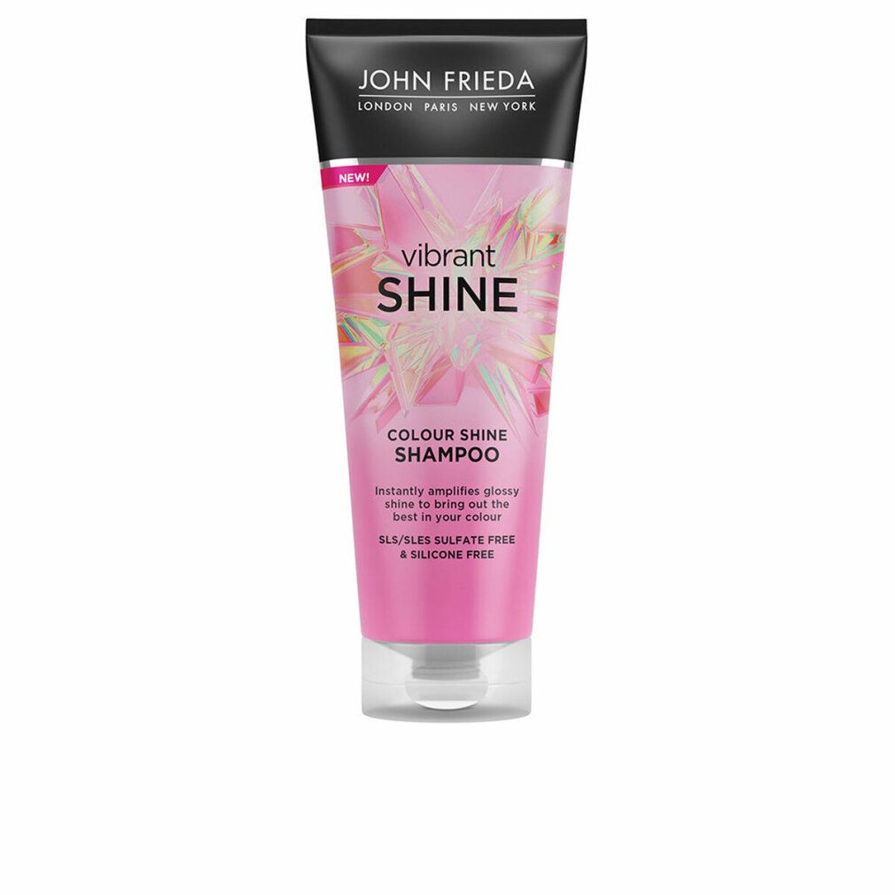 Tubo di shampoo rosa con tappo nero. Scritta: VIBRANT SHINE, COLOUR SHINE SHAMPOO. Marchio: JOHN FRIEDA.