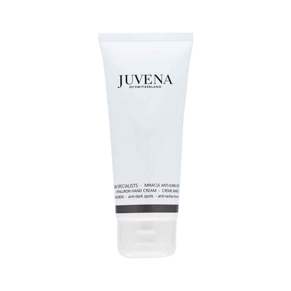 Tubo bianco con scritta JUVENA. Testo: MIRACLE ANTI-DARK SPOT HYALURON HAND CREAM. Anti-macchie.