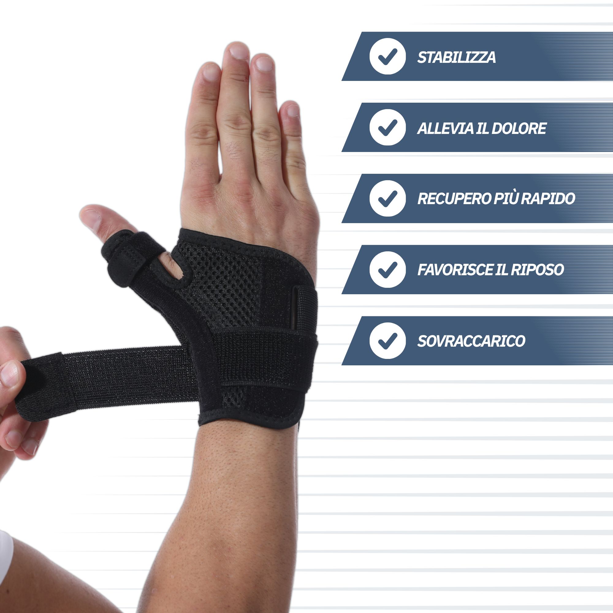Stabilizzatore nero per polso e pollice con passante per il pollice, materiale traspirante e velcro.