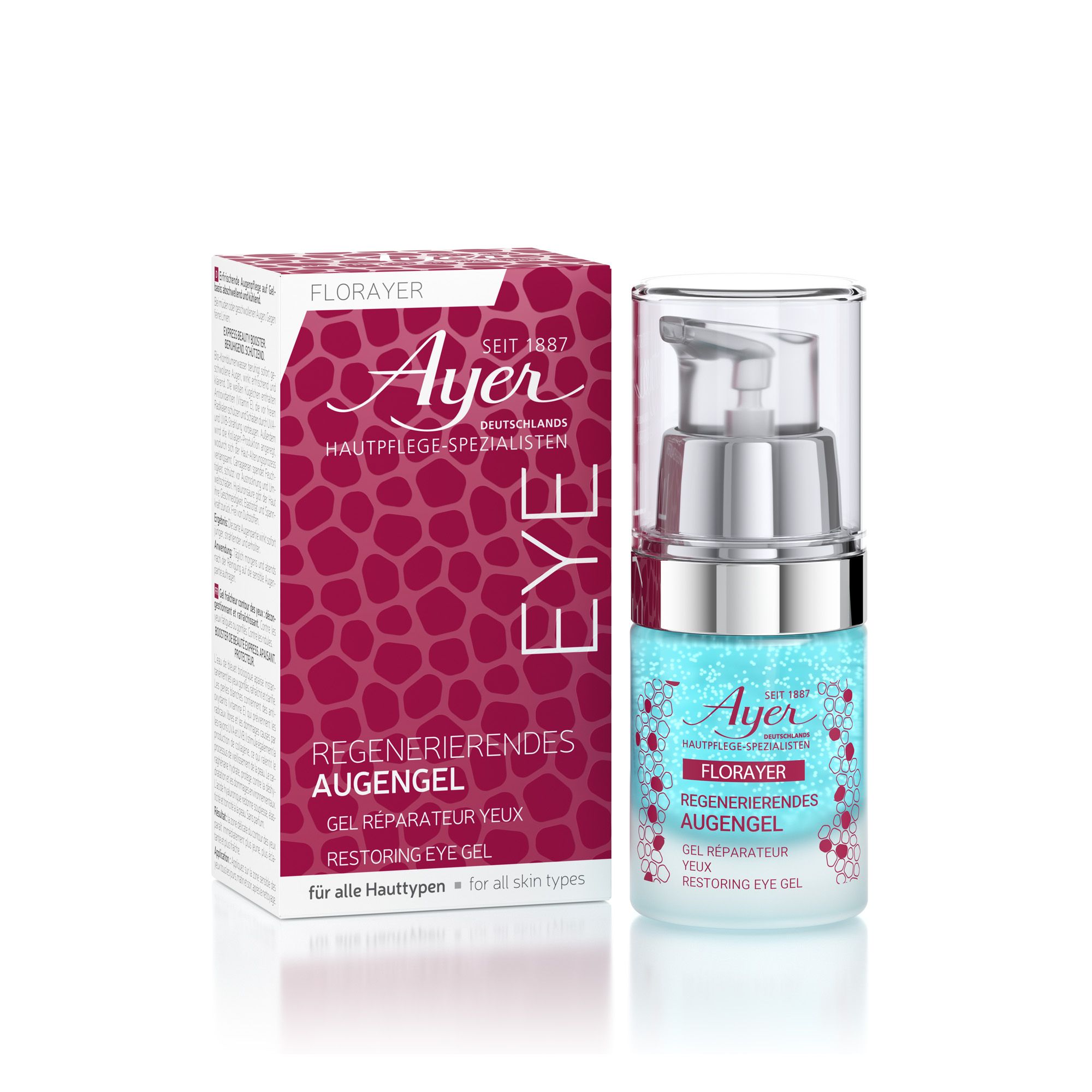 Gel occhi Ayer FlorAyer e confezione. Flacone con dosatore accanto alla scatola. Scritta: Gel riparatore occhi.