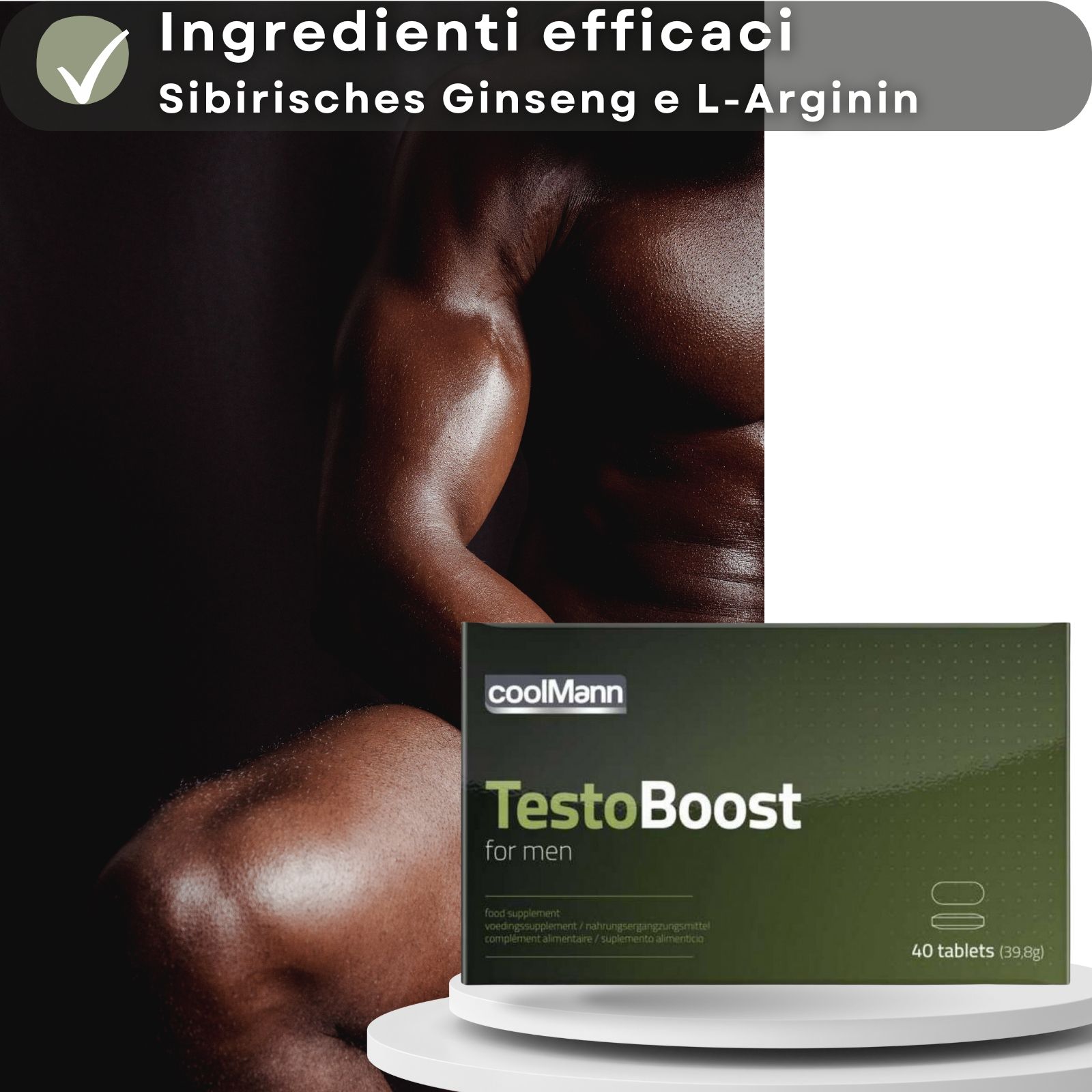 Grafica con confezione Coolmann TestoBoost. Contiene informazioni sugli ingredienti e l'uso.