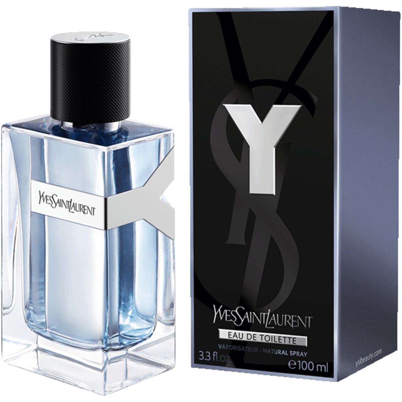 Yves Saint Laurent Y Men E.d.T. Vapo e confezione. Flacone e scatola con logo Y. Tappo nero.
