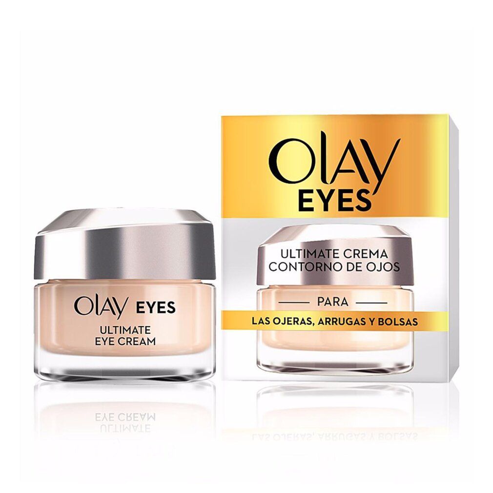 Olay Eyes Ultimate Eye Cream. Vasetto di crema con coperchio argentato e scatola. Testo: Olay Eyes, Ultimate Eye Cream, Contorno de Ojos.