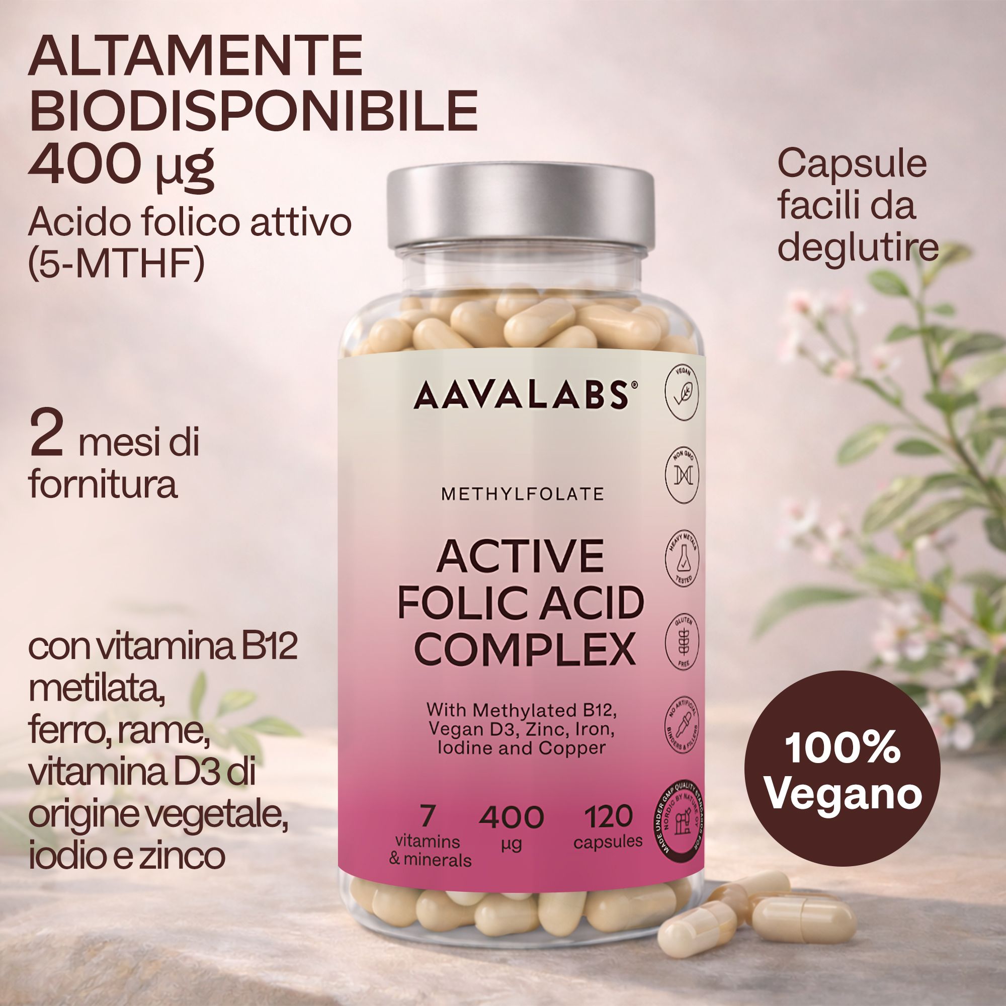 Aavalabs Active Folic Acid Complex. Flacone di capsule. Contiene 120 capsule. Scritta: 400 μg di acido folico. Vegano.