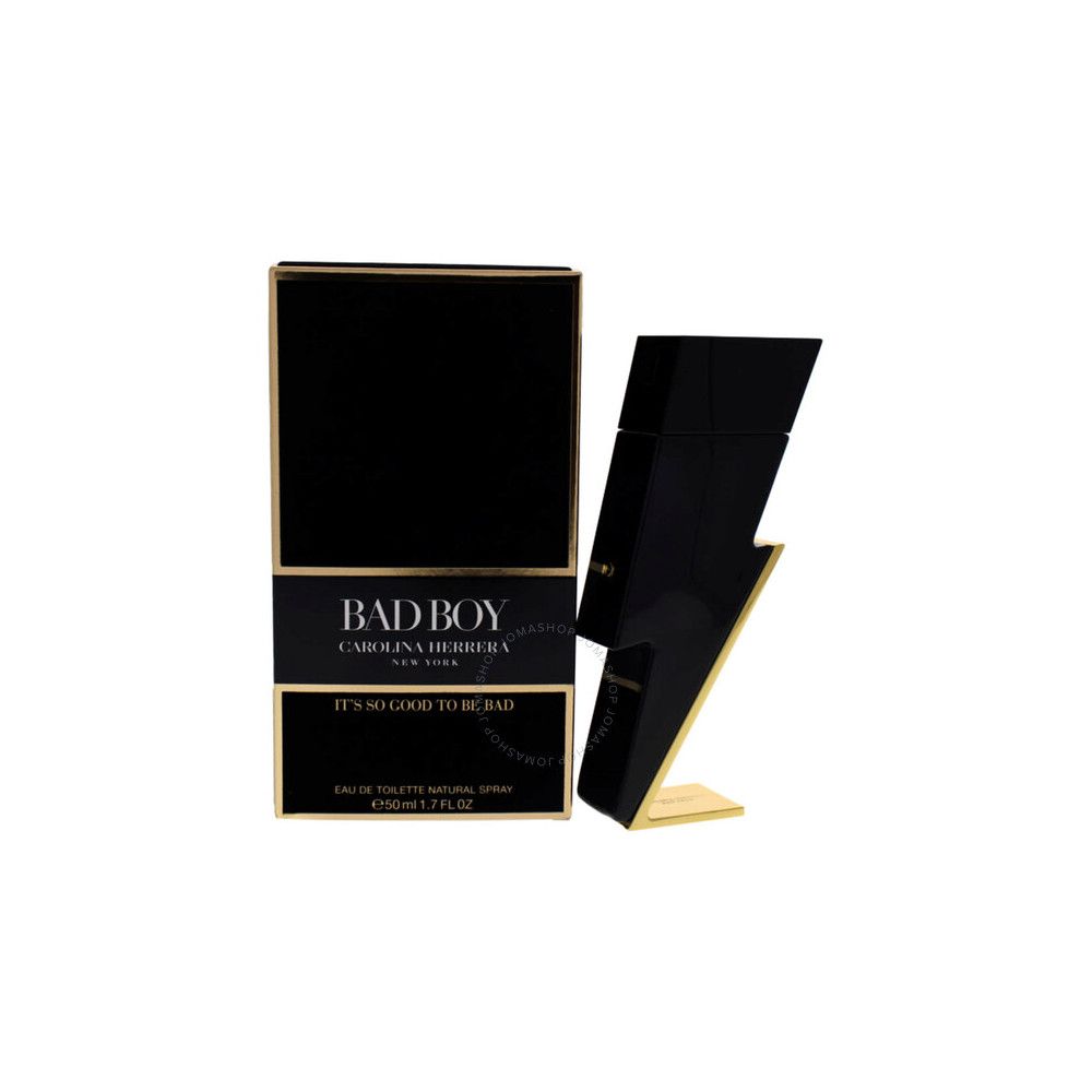 Flacone nero a forma di fulmine, base dorata, accanto a confezione rettangolare con scritta BAD BOY.